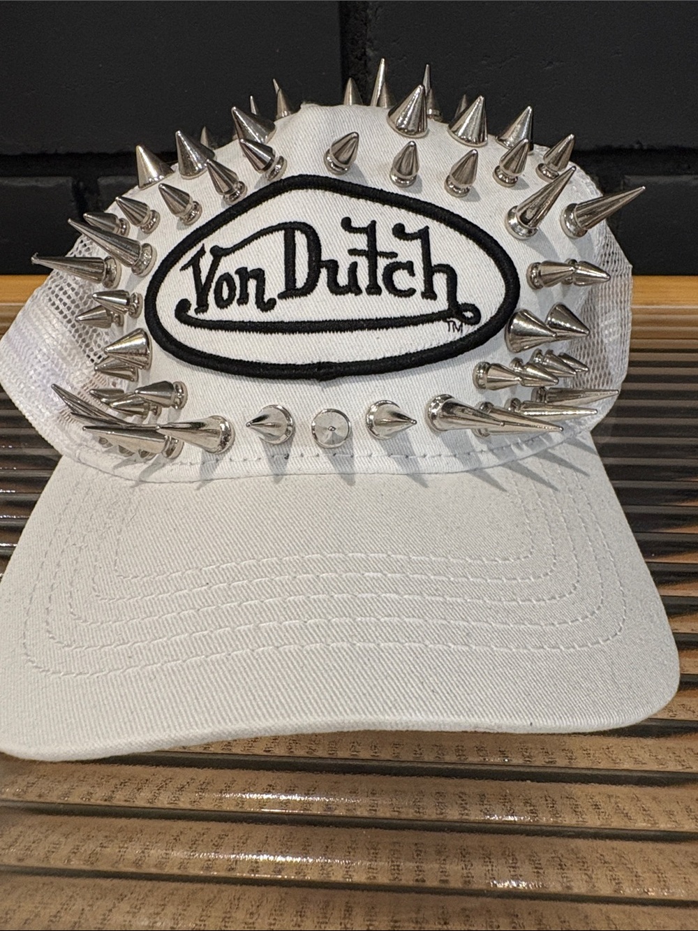 Von Dutch White Trucker Hat with Silver Spikes